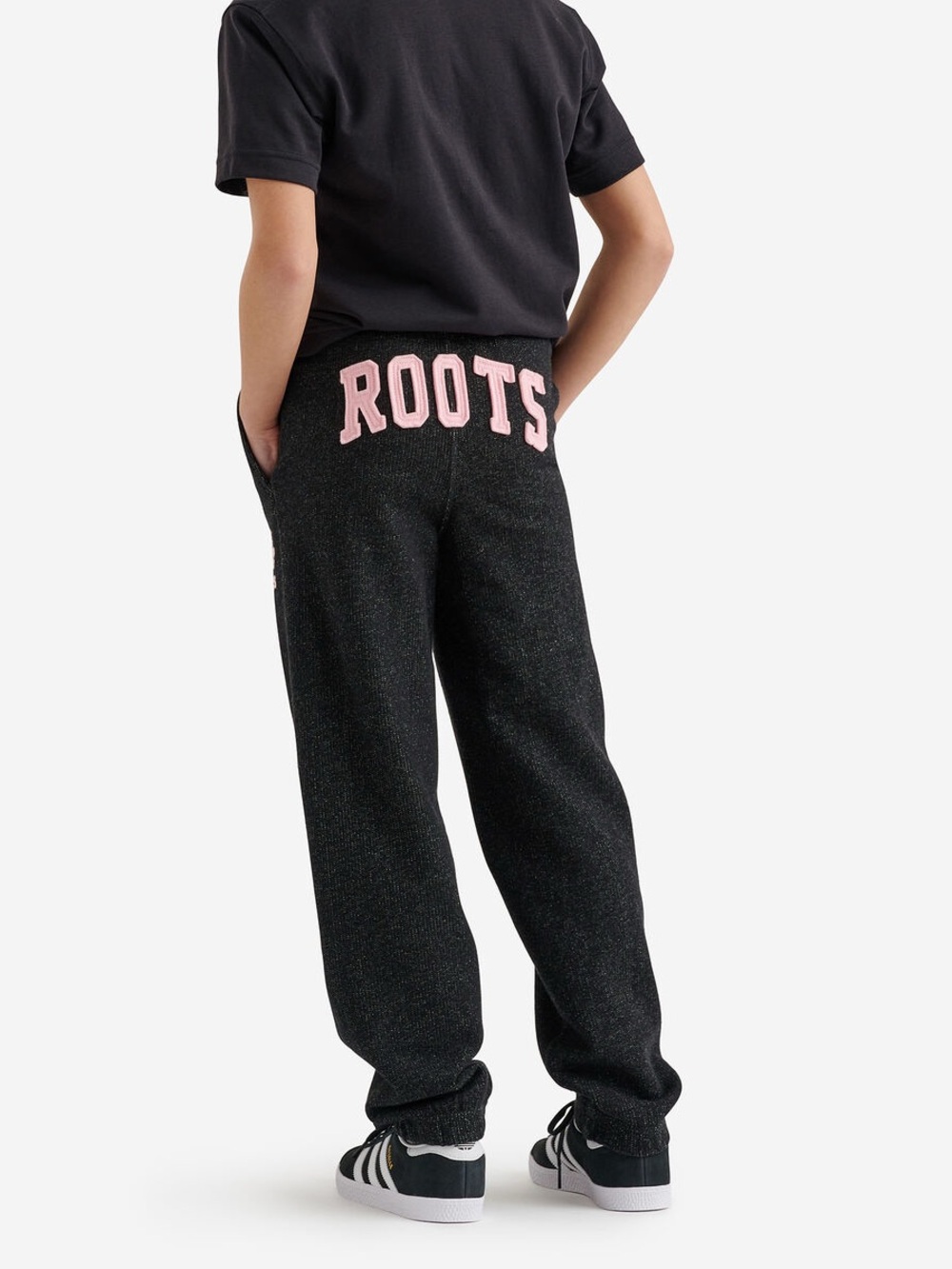 Roots Kids Black Sweatpants with Pink 'ROOTS' Back Logo